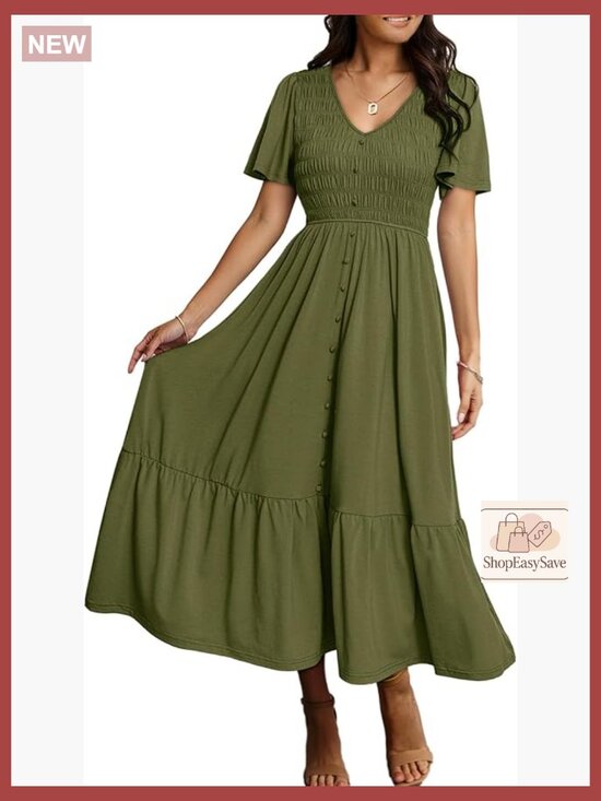 Dresses & Skirts - Boho Maxi Dress with Pockets Smocked Waist Flowy Tiered Summer Casual